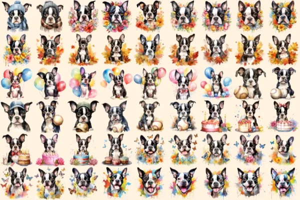 Boston Terriers Watercolor Clipart Bundle - 345+ transparent PNG, Boston puppy illustrations, Cute dog png, Commercial use, Digital download