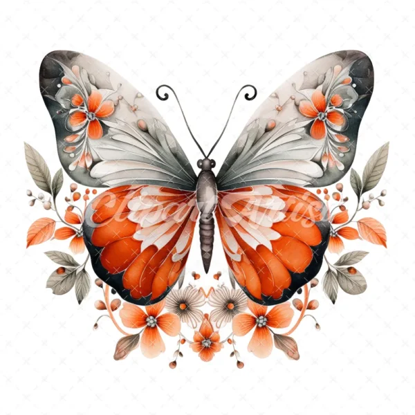 20 High-Quality Orange Silver Butterfly Clipart - Butterfly digital watercolor JPG instant download for commercial use - Digital download