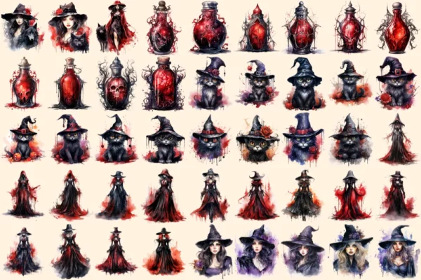 Gothic Witches Watercolor Clipart Bundle - 295+ transparent PNG, Fantasy fairytale graphics, Enchanting png, Commercial use,Digital download