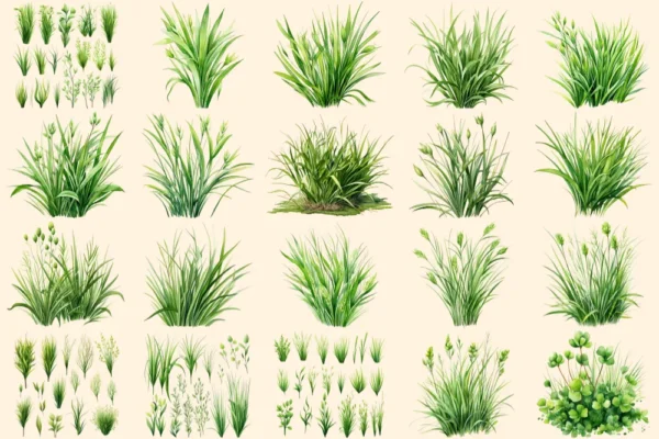 Grass Watercolor Clipart Bundle - 135+ transparent PNG, Botanical grass illustrations, Spring greenery art, Commercial use, Digital download