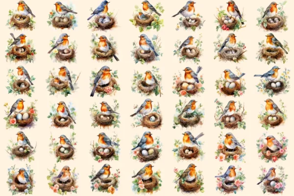 Robins Watercolor Clipart Bundle - 280+ transparent PNG, Delightful bird graphics, Adorable robin images, Commercial use, Digital download