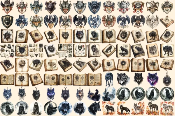 Gothic Wolves Watercolor Clipart Bundle - 630+ transparent PNG, Enigmatic lycan graphics, Shadowy wolf art, Commercial use, Digital download