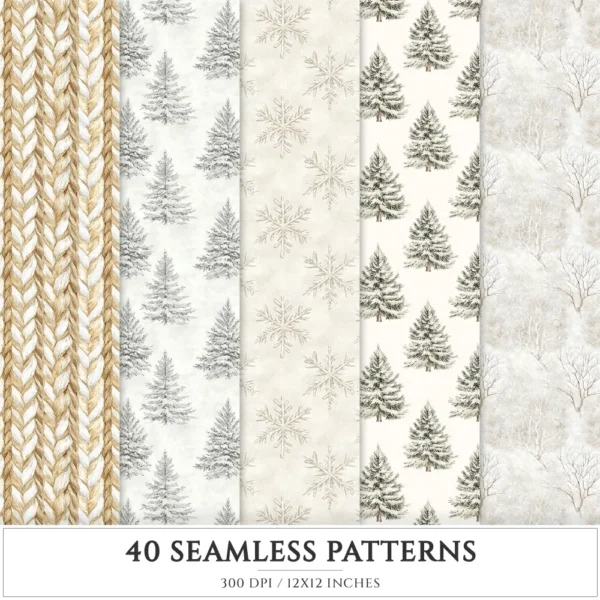 Vanilla Winter Seamless Patterns, Winter cozy JPEG, Cozy cottagecore pattern, Rustic winter repeating pattern, Digital scrapbook paper
