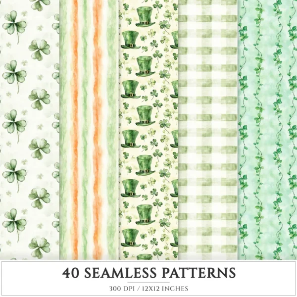 Lucky Cottage Seamless Patterns, Shamrock floral JPEG, Green celtic pattern, St. patrick’s day repeating pattern, Digital scrapbook paper
