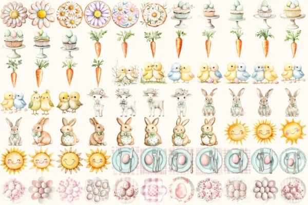 Happy Easter Watercolor Clipart Set - 510+ transparent PNG, Cozy spring illustrations, Cute egg graphics, Commercial use, Digital download