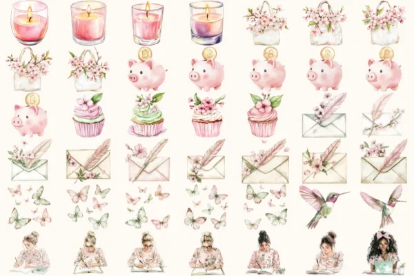 Spring Planner Watercolor Clipart Set - 290+ transparent PNG, Planner girl illustrations, Bookish images, Commercial use, Digital download