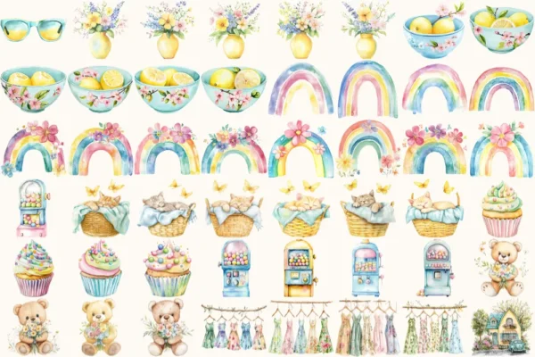 Bubbly Spring Watercolor Clipart Set - 340+ transparent PNG, Sweet summer graphics, Fun lollipop designs, Commercial use, Digital download
