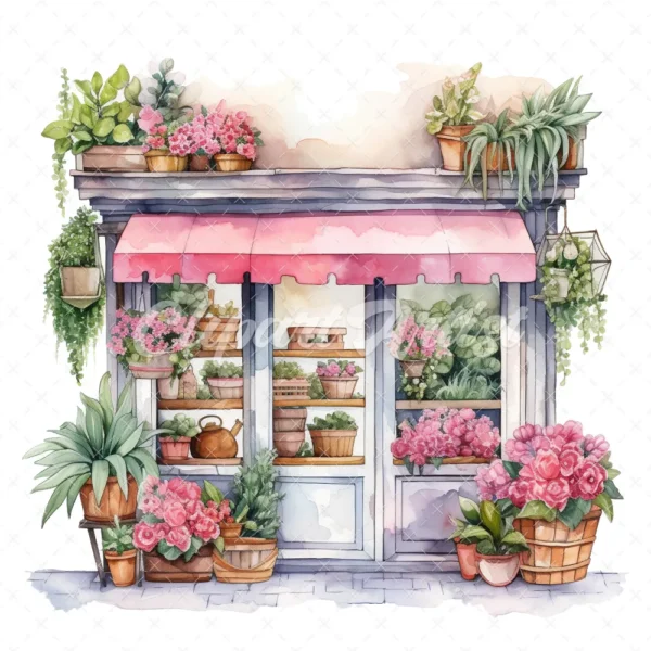20 High-Quality Floral Storefronts Clipart - Storefronts digital watercolor JPG instant download for commercial use - Digital download