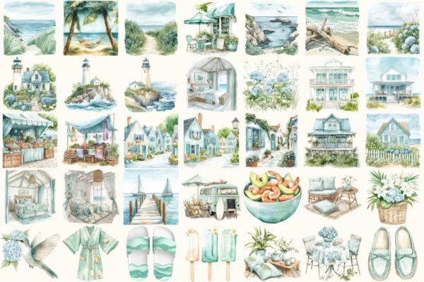 Coastal Serenity Watercolor Clipart Set - 233+ transparent PNG, Sunny beach graphics, Summer seaside art, Commercial use, Digital download