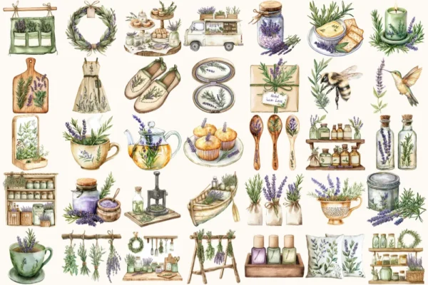 Herbal Wellness Watercolor Clipart Set - 230+ transparent PNG, Lavender apothecary graphics, Springtime art, Commercial use,Digital download