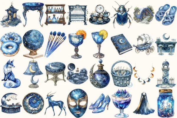 Celestial Elf Watercolor Clipart Set - 215+ transparent PNG, Magical nightscape graphics, Cosmic stars art, Commercial use, Digital download