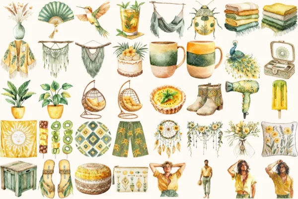 Boho Summer Watercolor Clipart Set - 250+ transparent PNG, Sunkissed boho graphics, Seaside fashion images, Commercial use, Digital download