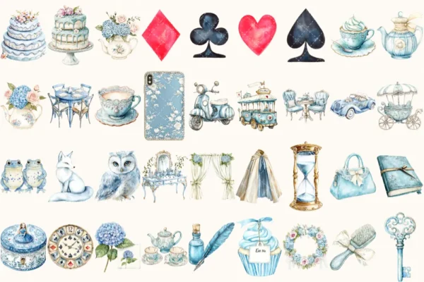 Modern Alice Watercolor Clipart Set - 250+ transparent PNG, Alice in wonderland graphics, Fairytale images, Commercial use, Digital download