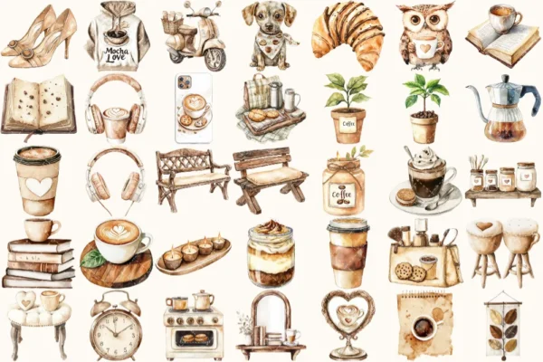 Coffee Lover Watercolor Clipart Set - 240+ transparent PNG, Coffee planner graphics, Coffee moments images, Commercial use, Digital download