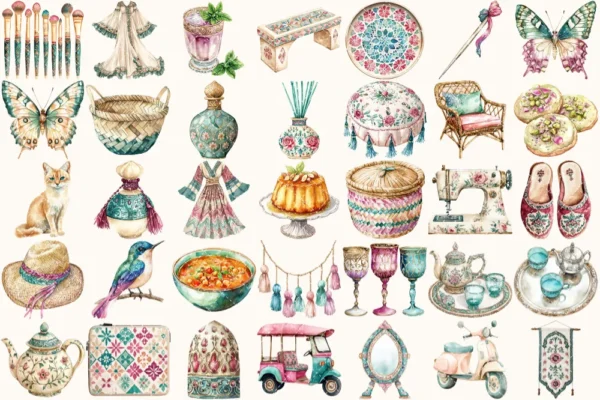 Moroccan Escape Watercolor Clipart Set - 235+ transparent PNG, Summer travels graphics, Moroccan decor art, Commercial use, Digital download
