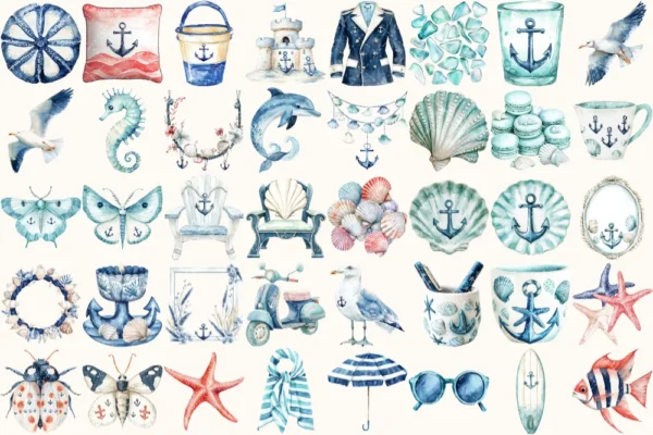 Summer Anchor Watercolor Clipart Set - 260+ transparent PNG, Seaside coastal graphics, Summertime images, Commercial use, Digital download