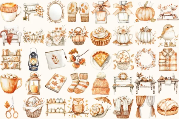 Autumn Planner Watercolor Clipart Set - 248+ transparent PNG, Cozy planner girl graphics, Boho fall png, Commercial use, Digital download