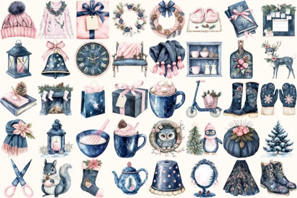 Blush Winter Watercolor Clipart Set - 258+ transparent PNG, Christmas graphics, Winter holiday png images, Commercial use, Digital download
