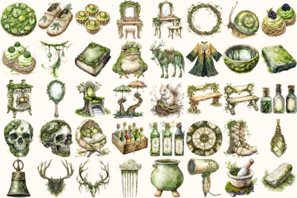 Gravemoss Witch Watercolor Clipart Set - 265+ transparent PNG, Mystic forest graphics, Witchy fantasy art, Commercial use, Digital download