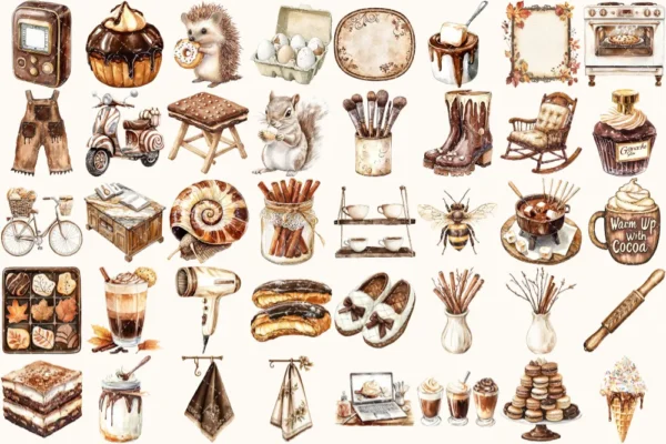 Chocolate Heaven Watercolor Clipart Set - 265+ transparent PNG, Cozy fall treats graphics, Pastry images, Commercial use, Digital download