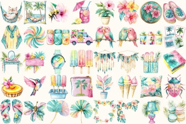 Tropical Island Rhythms Watercolor Clipart Set - 268+ transparent PNG, Seaside graphics, Tropical summer, Commercial use, Digital download