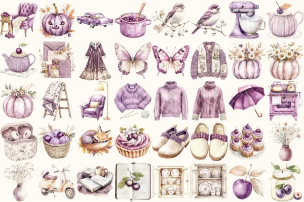 Plum Mood Watercolor Clipart Set - 261+ transparent PNG, Retro fall city illustration, Floral graphics, Commercial use, Digital download