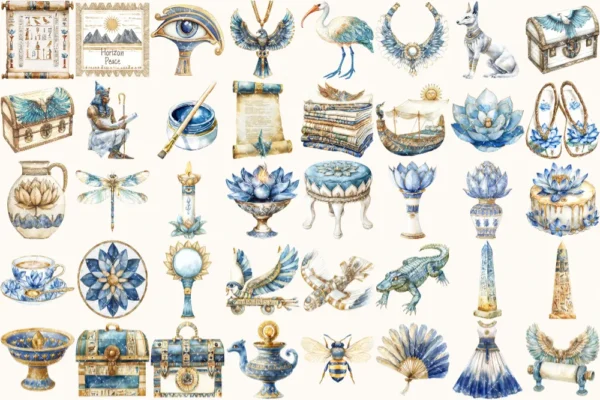 Amentas Whisper Watercolor Clipart Set - 275+ transparent PNG, Ancient egypt illustrations, Pharaohs art, Commercial use, Digital download
