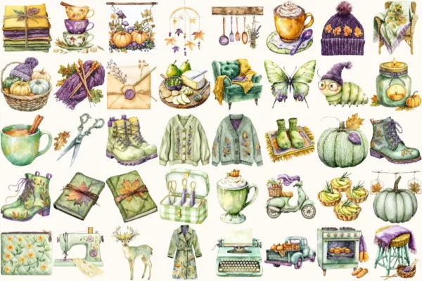 Autumn Notions Watercolor Clipart Set - 265+ transparent PNG, Artistic autumn graphics, Falling leaves art, Commercial use, Digital download