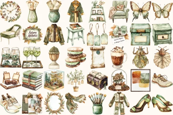 Autumn Gallery Watercolor Clipart Set - 272+ transparent PNG, Fall fashion graphics, Autumn museum images, Commercial use, Digital download