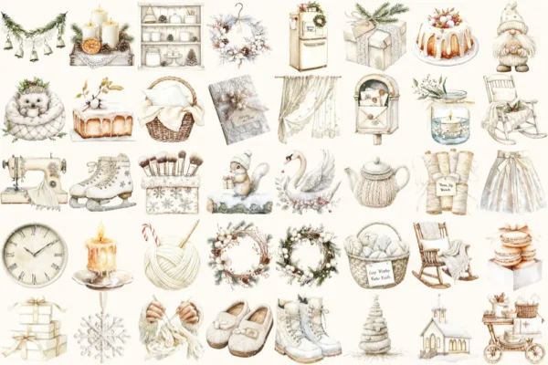Cozy Season Watercolor Clipart Set - 270+ transparent PNG, Soft christmas graphics, Rustic winter images, Commercial use, Digital download