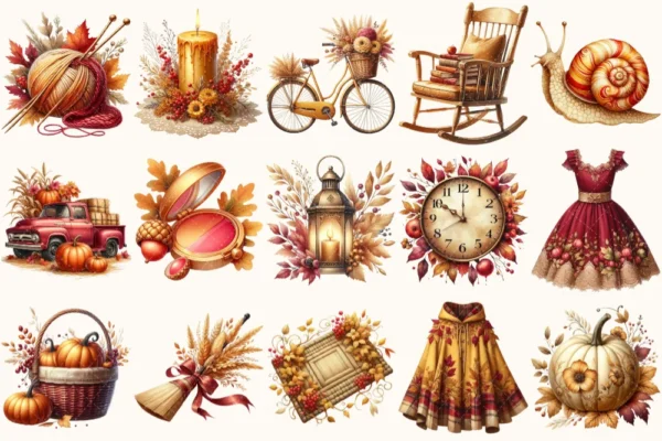 Autumn Enchantment Clipart Set - 120+ transparent PNG, Cozy autumn illustrations, Cottagecore fall images, Commercial use, Digital download