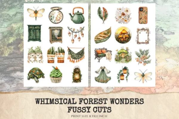 Whimsical Forest Wonders Fussy Cuts - Woodland, Forest, Animal, Collage sheets, Digital Sticker, Ephemera, Junk Journal Kit,Digital download