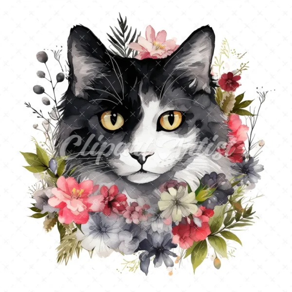 20 High-Quality Black and White Floral Cats Clipart - Cats digital watercolor JPG instant download for commercial use - Digital download
