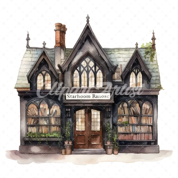 20 High-Quality Gothic Bookshop Clipart - Gothic bookshop digital watercolor JPG instant download for commercial use - Digital download
