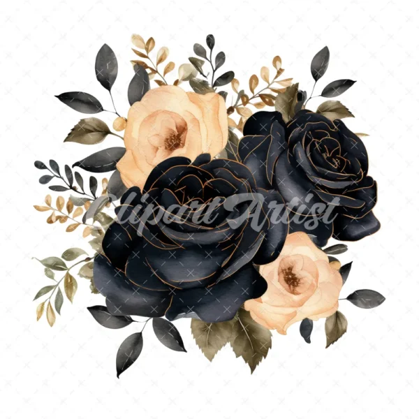 19 High-Quality Black Roses Boutique Clipart - Black roses digital watercolor JPG instant download for commercial use - Digital download