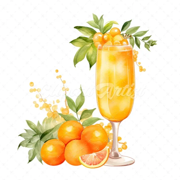 20 High-Quality Mimosa Cocktail Clipart - Mimosa cocktail digital watercolor JPG instant download for commercial use - Digital download