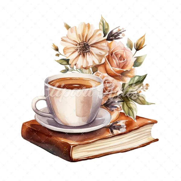20 High-Quality Floral Coffee Books Clipart - Coffee books digital watercolor JPG instant download for commercial use - Digital download