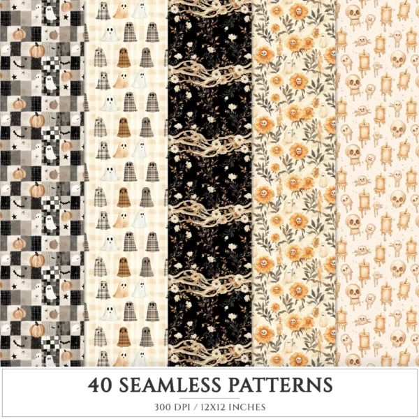 Cozy Haunt Seamless Patterns, Spooky autumn JPEG, Ghosts pattern, Witch hat, Bones, Pumpkin repeating pattern, Digital scrapbook paper