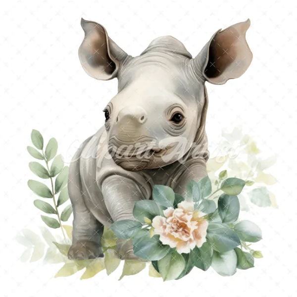 20 High-Quality Baby Rhino Clipart - Baby rhino digital watercolor JPG instant download for commercial use - Digital download