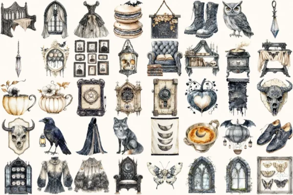 Ghostly Gothic Walls Watercolor Clipart Set - 275+ transparent PNG, Dark academia graphics, Halloween png, Commercial use, Digital download