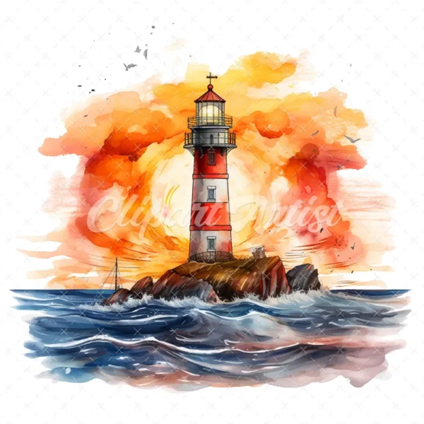 20 High-Quality Sunset Lighthouse Clipart - Sunset lighthouse digital watercolor JPG instant download for commercial use - Digital download