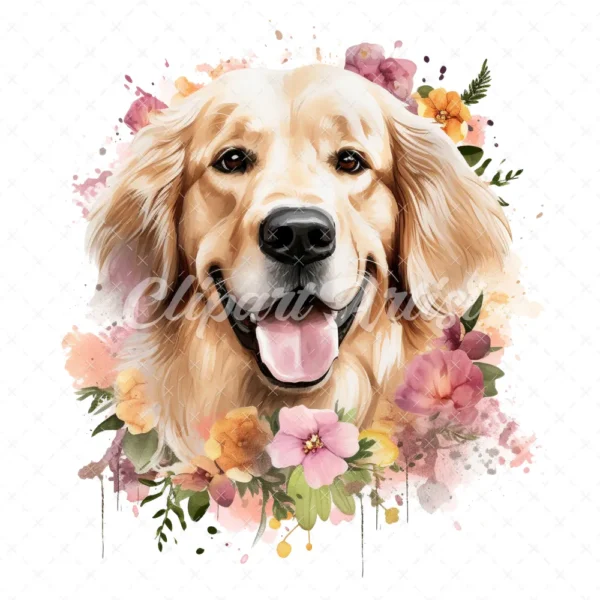 20 High-Quality Floral Golden Retriever Clipart - Retriever digital watercolor JPG instant download for commercial use - Digital download