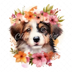 20 High-Quality Floral Portrait Puppy Clipart - Floral Puppy digital watercolor JPG instant download for commercial use - Digital download