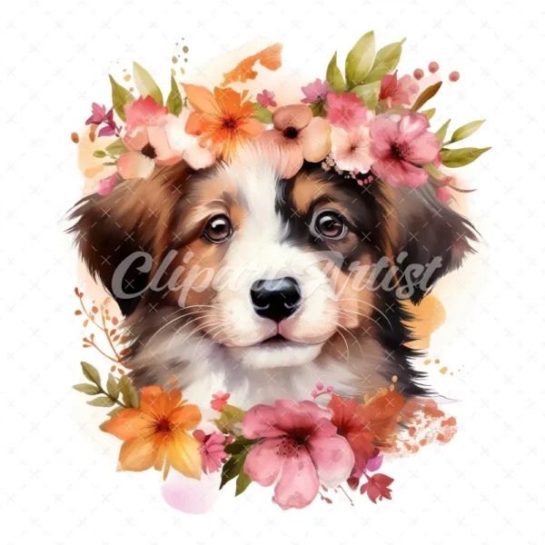 20 High-Quality Floral Portrait Puppy Clipart - Floral Puppy digital watercolor JPG instant download for commercial use - Digital download