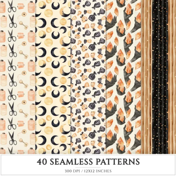 Cozy Halloween Seamless Patterns, Spooky halloween JPEG, Skulls pattern, Witch Hat, Ghosts, Bats repeating pattern, Digital scrapbook paper