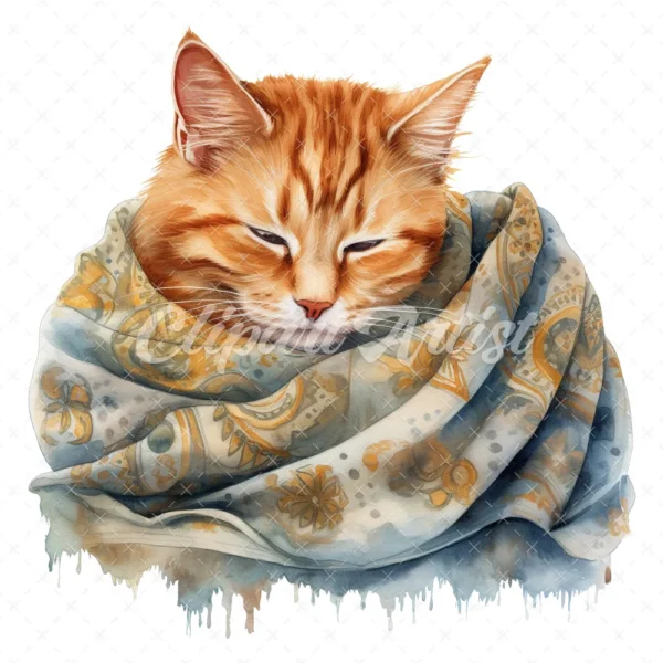 20 High-Quality Cat Sleeping in Shawl Clipart - Sleeping Cat digital watercolor JPG instant download for commercial use - Digital download