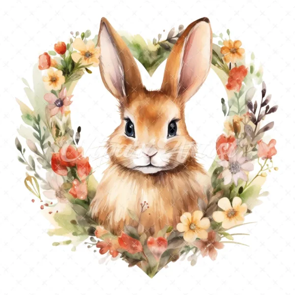20 High-Quality Bunny in Heart Wreath Clipart - Bunny wreath digital watercolor JPG instant download for commercial use - Digital download