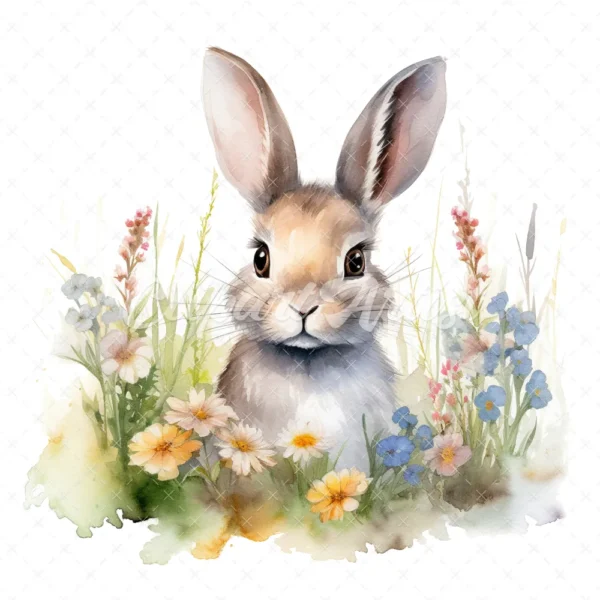 20 High-Quality Bunny in a Meadow Clipart - Bunny meadow digital watercolor JPG instant download for commercial use - Digital download