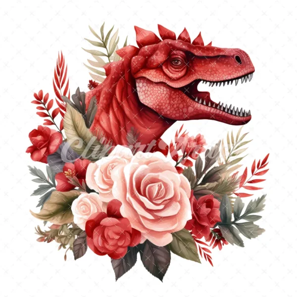 20 High-Quality Red Floral Dinosaur Clipart - Red dinosaur digital watercolor JPG instant download for commercial use - Digital download