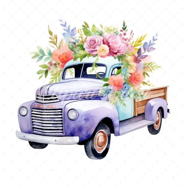19 High-Quality Floral Truck Clipart - Floral truck digital watercolor JPG instant download for commercial use - Digital download